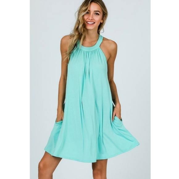 Tent Shape Halter Neck Sage Summer Dress - Picture 8 of 9
